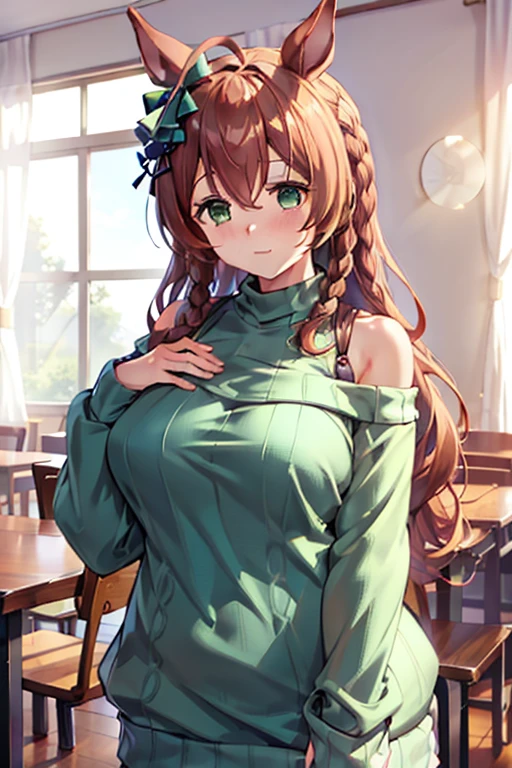 mejiro_bright_(umamusume), clothes with open chest, (high top fade:1.3), green skirt, (green sweater:1.5), long sleeve, off shoulder, off shouldersweater, plump sleeves, skirt, sweater, white ribbon