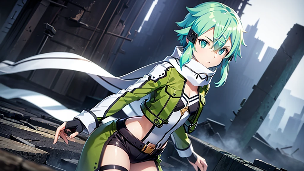 (masterpiece), Best quality, expressive eyes, perfect face, A high resolution, Sinon 1, scarf, fingerless gloves, long sleeves, short shorts, hair ornament, Hairclip, Green Knee Socks, green jacket, thigh strap, Hands on hips, field, ruins background, standing, cowboy shot, I look at the viewer