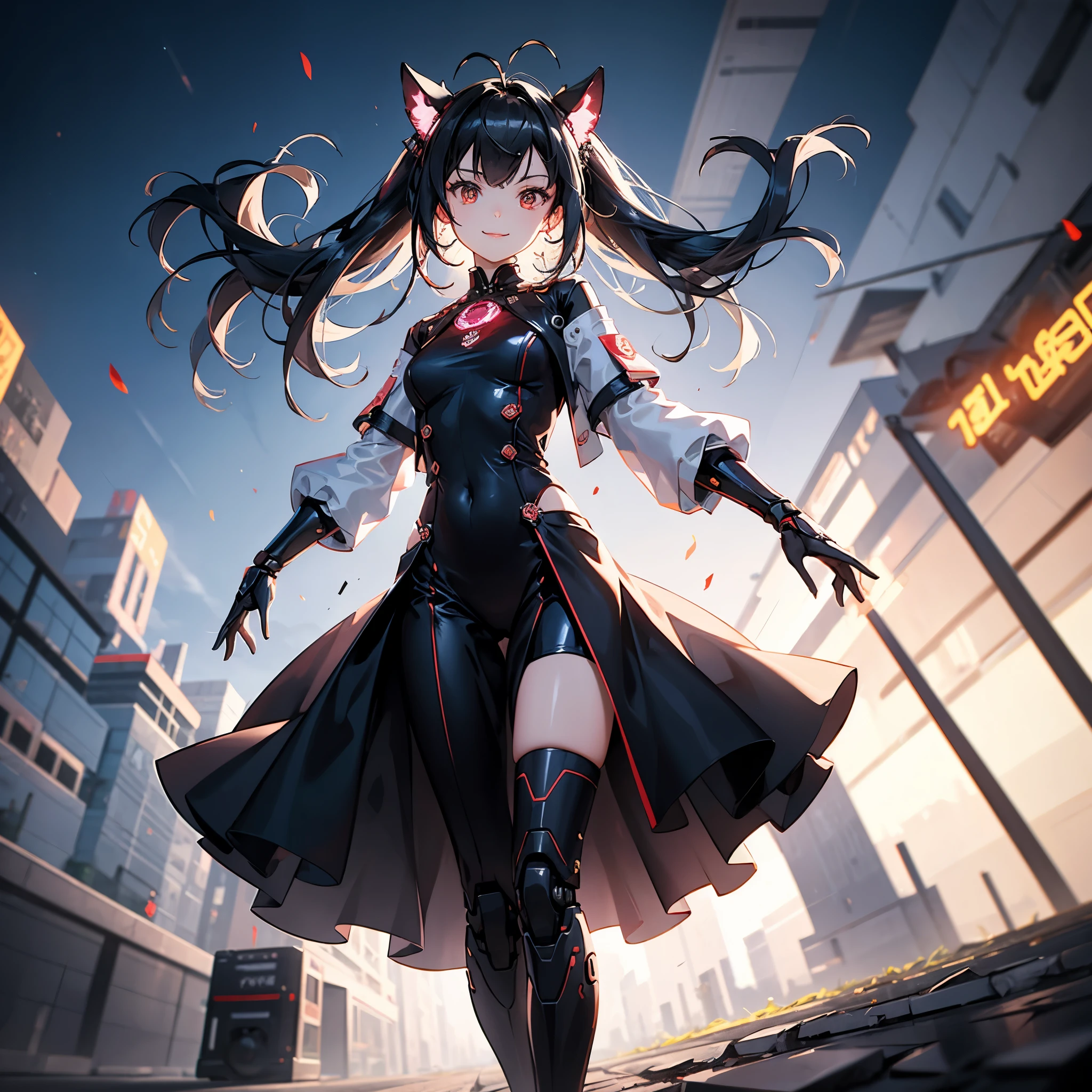 ((masterpiece, best quality)), 8k wallpaper, mechanical girl, Long hair, Red hair, alone, gown, humanoid robots, cyber punk perssonage, red eye, Show viewers, long sleeve, Building, White gown, mitts, hair ornaments, black jacket, smile, floating hair, closed mouth, looks away, outside, Future science Fiction, Antenna ears, dutch angle, constructivism, optical Ilusion, F/2.8, best quality, retina