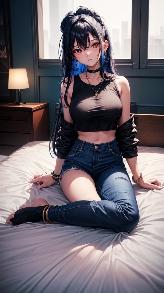 最high qualiy、best quality image、work of art、Kizi((20 years old、 Becoming、vest bust、medium bust,wide open breast tea、glare eyes, neon hair、long hair、fine tune,higher valley、black tee、blue pants、full body tattoo,diamond earrings、bracelet、necklase,on top of the bed)),high qualiy、linda arte、fund((Beautiful hotel room))、Voo、debris flies、Written limit depth、film、visual artwork、Perfect artwork、8K,genuine、top-down perspective