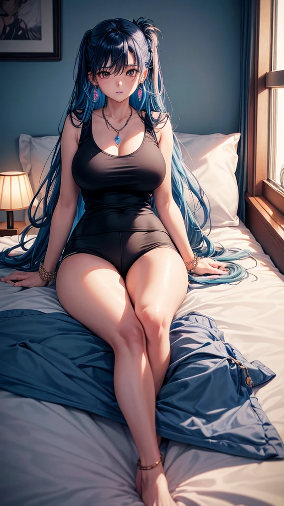 最high qualiy、best quality image、work of art、Kizi((20 years old、 Becoming、vest bust、medium bust,wide open breast tea、glare eyes, neon hair、long hair、fine tune,higher valley、black tee、blue pants、full body tattoo,diamond earrings、bracelet、necklase,on top of the bed)),high qualiy、linda arte、fund((Beautiful hotel room))、Voo、debris flies、Written limit depth、film、visual artwork、Perfect artwork、8K,genuine、top-down perspective