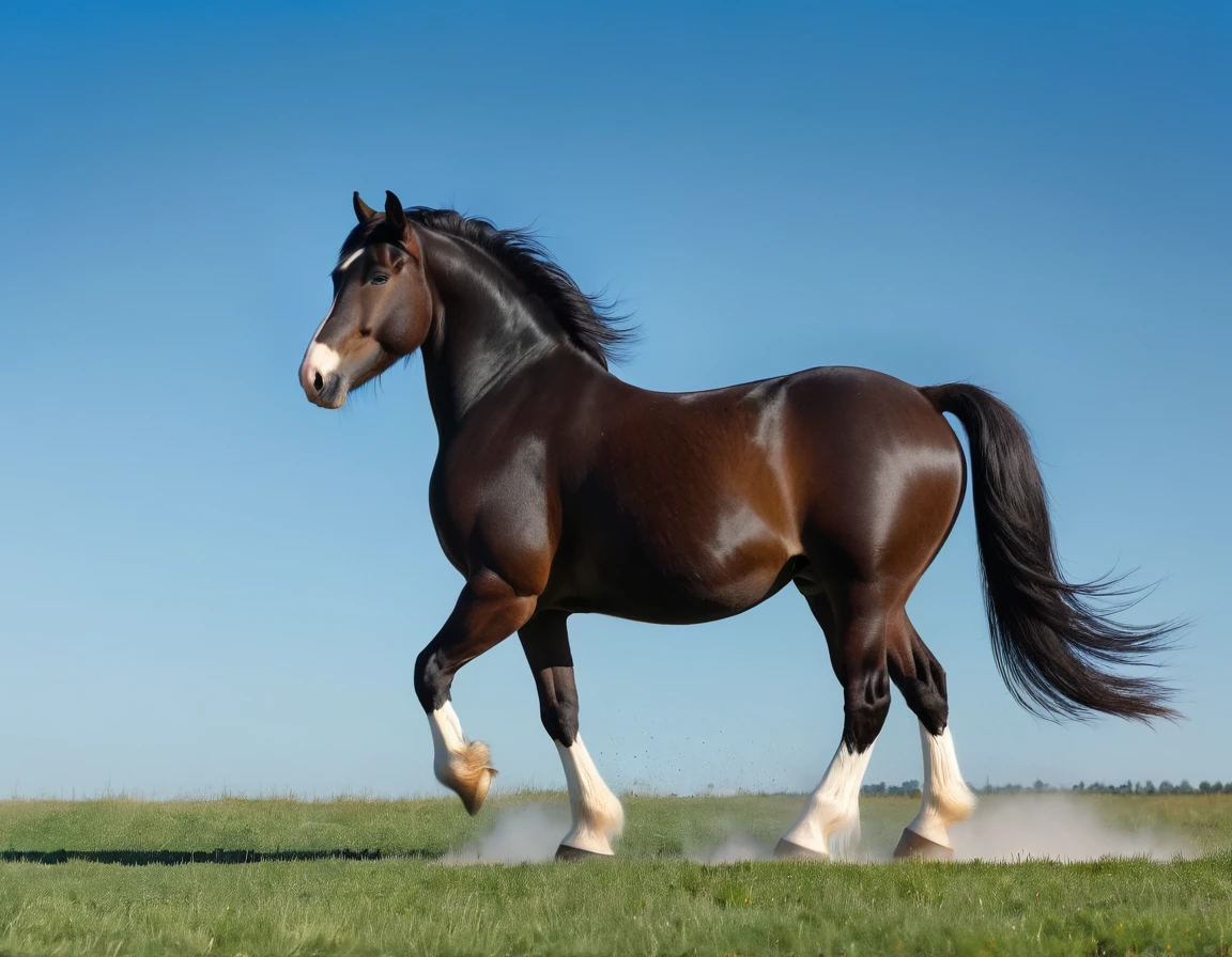 big shire horse  mare. massive bum. very short tail. horse facing horizon . very full figured, very dark skinned, ,  African woman riding horse. flat grass meadow. a  single huge  pile of steaming horse dung behind horse.   cloudless blue sky. 