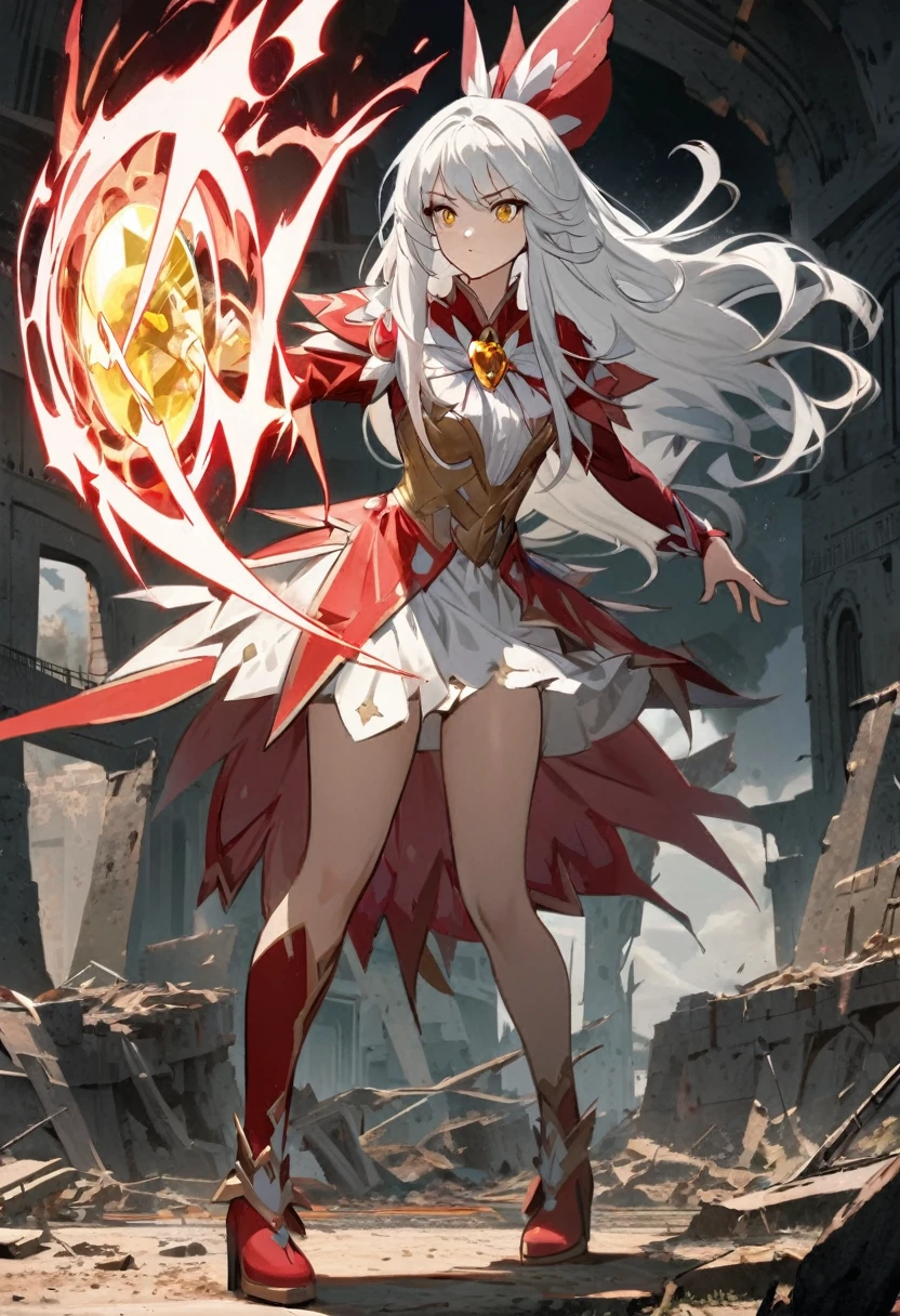 portraite, long hair, White hair, gold eyes, 1 girl, Head, face, magical girl, absurderes, work of art, best qualityer, custom magic, ((mahou shoujo)), shorth hair, desolation, ruins, dynamic pose, apocalypto, spell, Style-Glass, full body shot shot