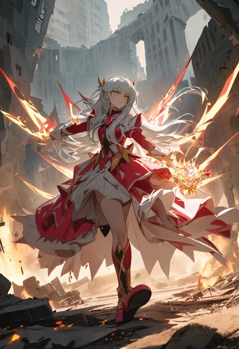 portraite, long hair, White hair, gold eyes, 1 girl, Head, face, magical girl, absurderes, work of art, best qualityer, custom magic, ((mahou shoujo)), shorth hair, desolation, ruins, dynamic pose, apocalypto, spell, Style-Glass, full body shot shot