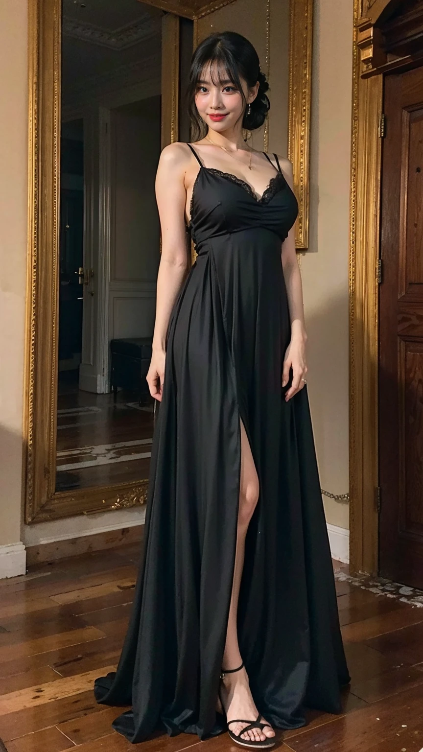 (8K、RAW Photos、Highest quality、masterpiece:1.2)、(Realistic、Photorealistic)、1 Girl、((Castle、smile、Black Dress、Sandals、whole body、Big dress、Frills、、Look forward、Are standing))、