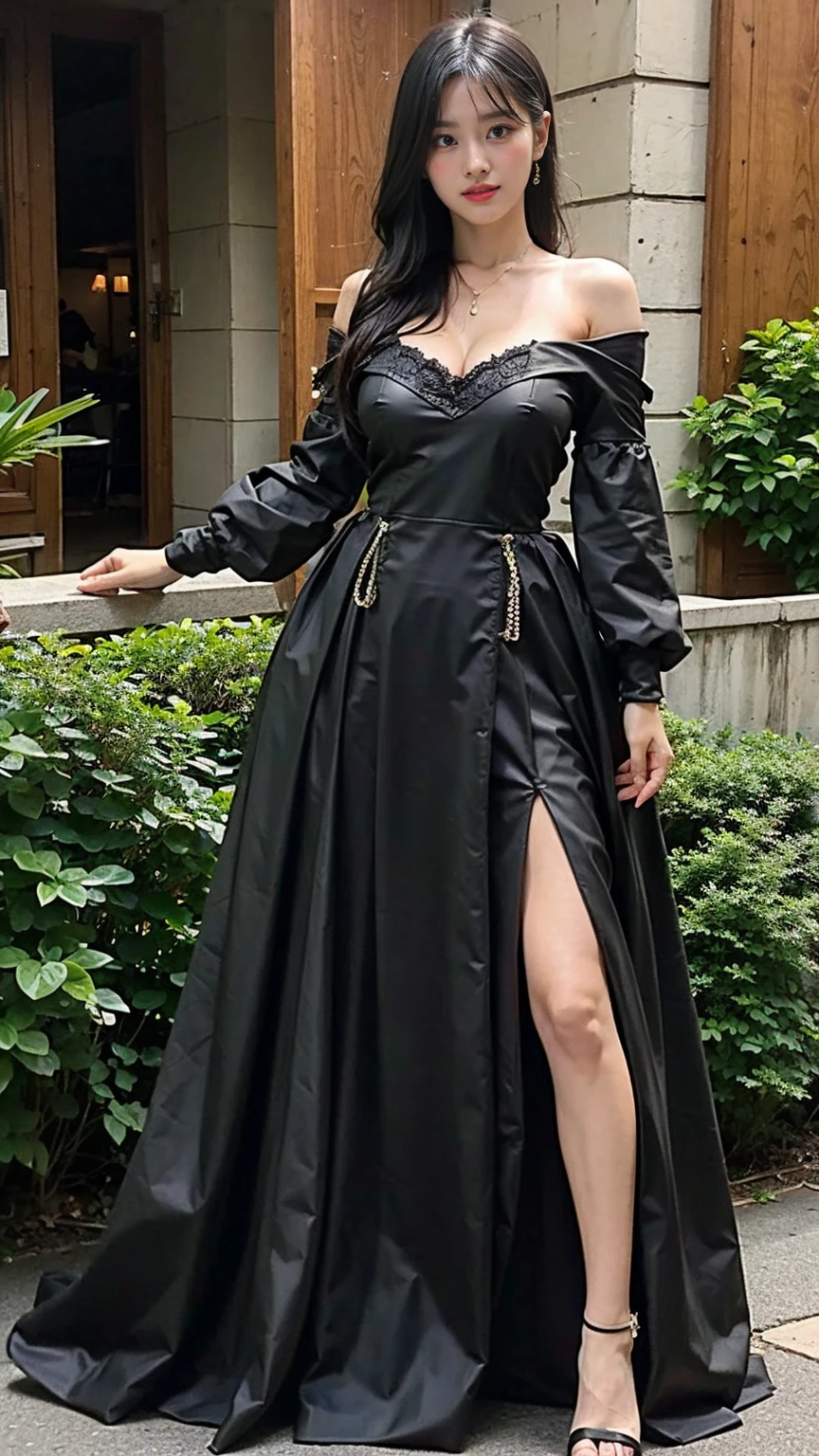 (8K、RAW Photos、Highest quality、masterpiece:1.2)、(Realistic、Photorealistic)、1 Girl、((Castle、smile、Black Dress、Sandals、whole body、Big dress、Frills、Big Breasts、Look forward、Are standing))、
