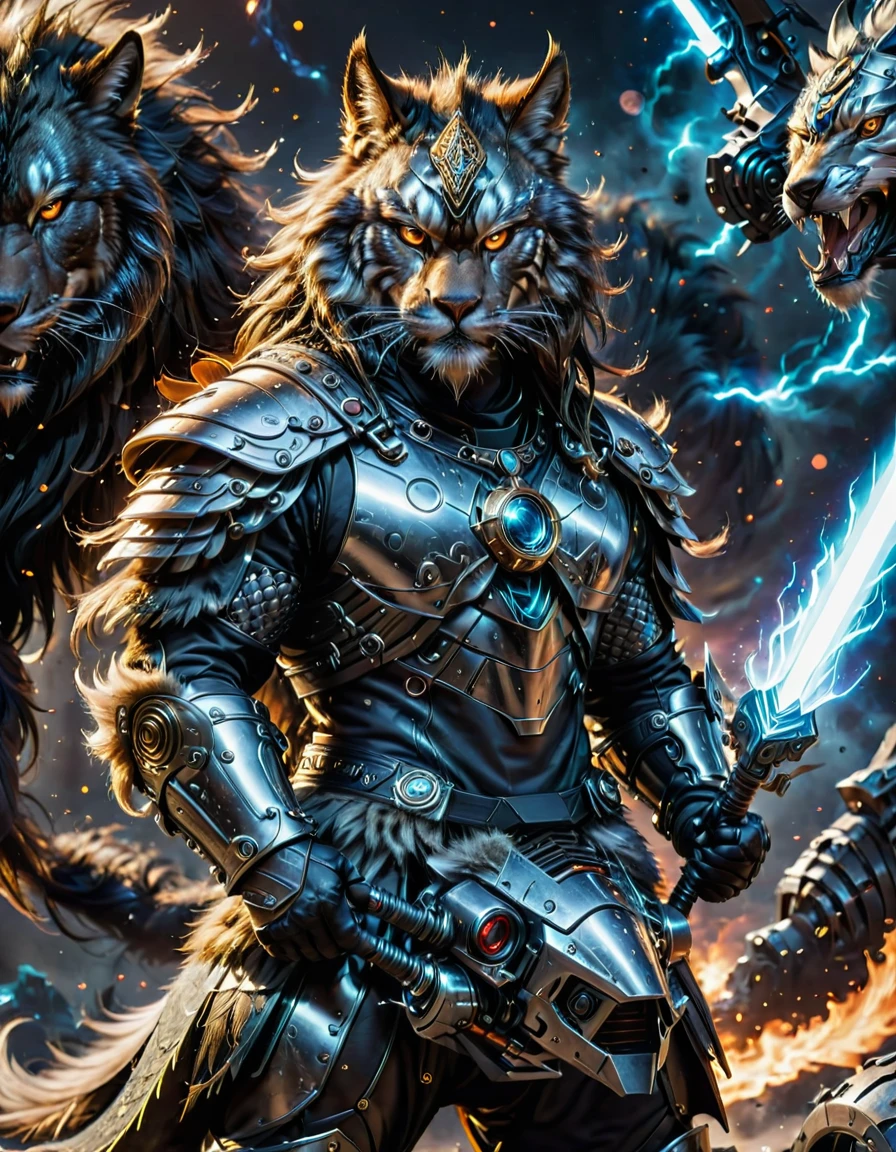 A high-resolution image of a science fiction Mongolian warrior with mask. He is adorned in fur armor combined with chainmail, with elements of carbon integrated into the design. He stands beside a futuristic ((balance bike)), made of sleek chrome and advanced materials. In one hand, he holds a (laser gun), its barrel glowing faintly. The warrior is powered by nuclear energy, with subtle indicators of this power source on his armor. The background is a dark void, with energy particles swirling around him, casting a soft light on the chrome and carbon surfaces. The overall scene blends ancient warrior aesthetics with futuristic technology, creating a striking and dynamic visual.