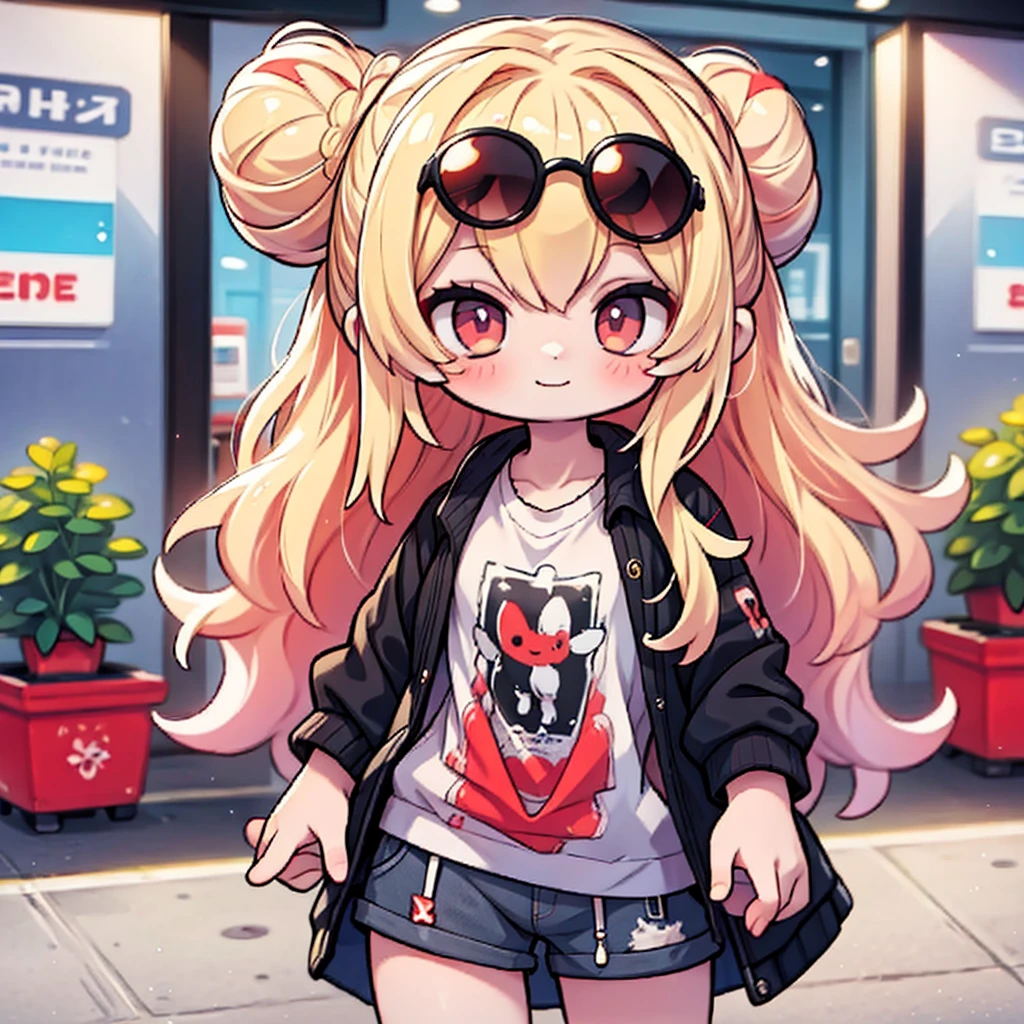 girl holding three pills in her hand, psychedelic image, various colors, wearing sunglasses and a slight smile, blonde hair with bun, red and black plaid shirt