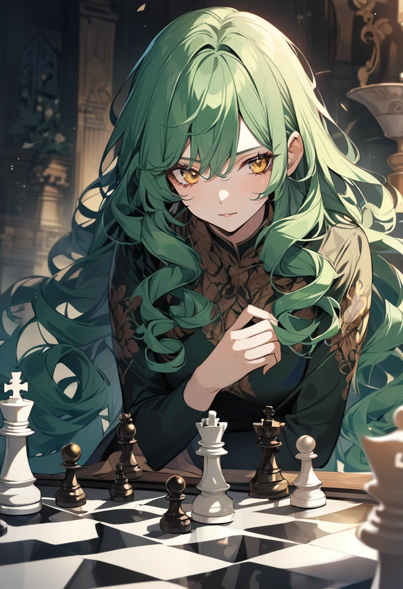 girl, curly hair, long hair, yellow eyes, green hair, beautiful, chess