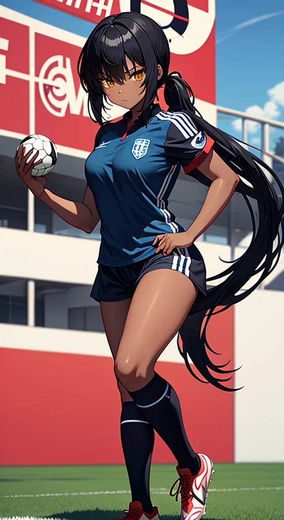 Black anime girl, black hair tied up, wearing blue and red and white soccer kit, wearing soccer boots, on the stadium, kicking ball, nike soccer kit, blue, long tied hair