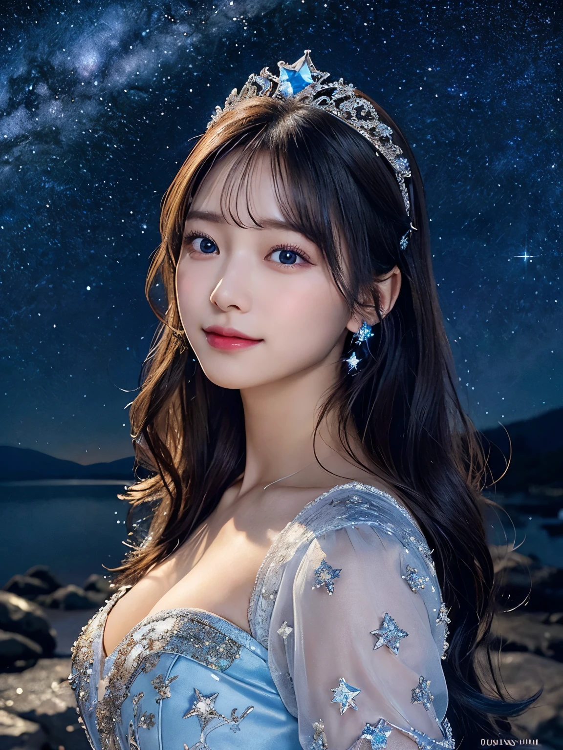 ultra real portrait photo, highly detailed, dynamic angle, beautiful detailed, 8k,lively expression, a realistic image of a female character personifying the North Star (Polaris). She wears a radiant tiara symbolizing a star, set against a mystical night sky background. She is dressed in a deep blue and silver gown adorned with shimmering stars. Her expression is serene, with a gentle smile. The background features a starry sky with the North Star shining brightly, creating an overall dreamy and beautiful atmosphere. Focus on the realism in her skin texture, hair, and the intricate details of her gown.The background is full of stars with Polaris in the center.