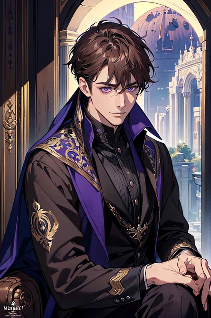 masterpiece, best quality, realistic, 1man, single character, 1 person, portrait, 40 years old handsome and charming mature male, serious look, extremely detailed face, detailed eyes, extremely intricate eyes, detailed background, cinematic lighting, looking at the audience, posture dynamics, (masterpiece, top quality, best quality, beautiful illustration, official art, wide angle, beautiful and aesthetic :1.5), Masterpiece Background Midnight, Darkness, Dark Room, Dark tone, castle, castle windows, Moonlight, (Moonlight Only: 1.5), Invincible Smile, smirk, Bewitching, emperor, ((purple eyes)), ((light brown hair)), [thick eyebrows], ((suit)), blue cape, black suit, black pants, violet eyes, short light brown hair