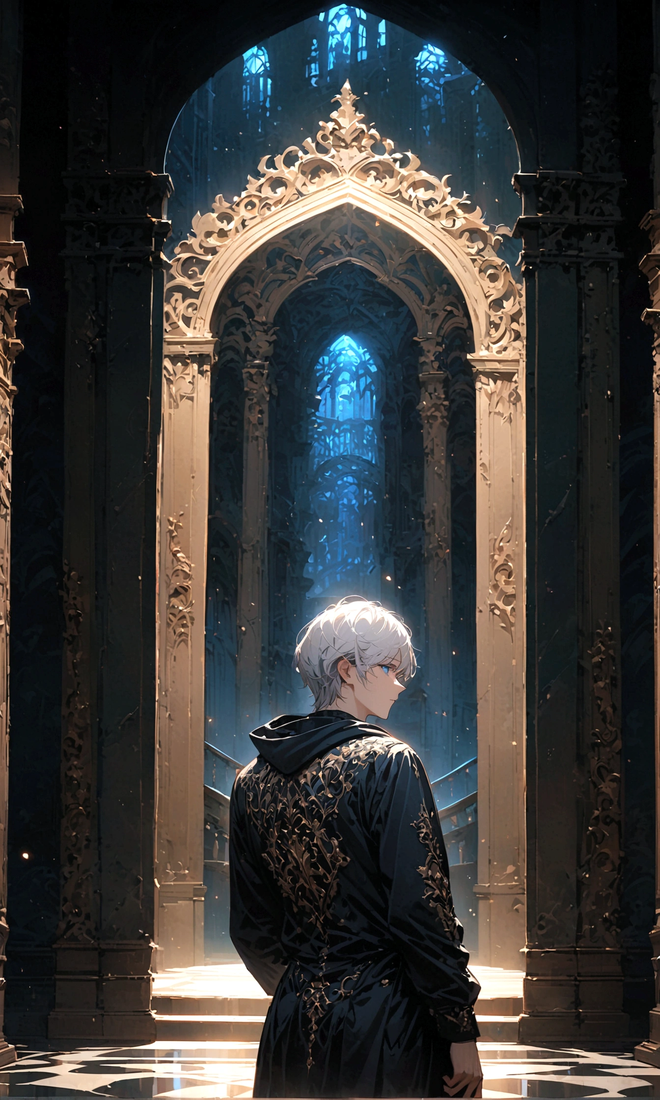 white haired blue eyed man Wearing a black hood, turning his back and half his face, standing alone in the middle of the palace at night.