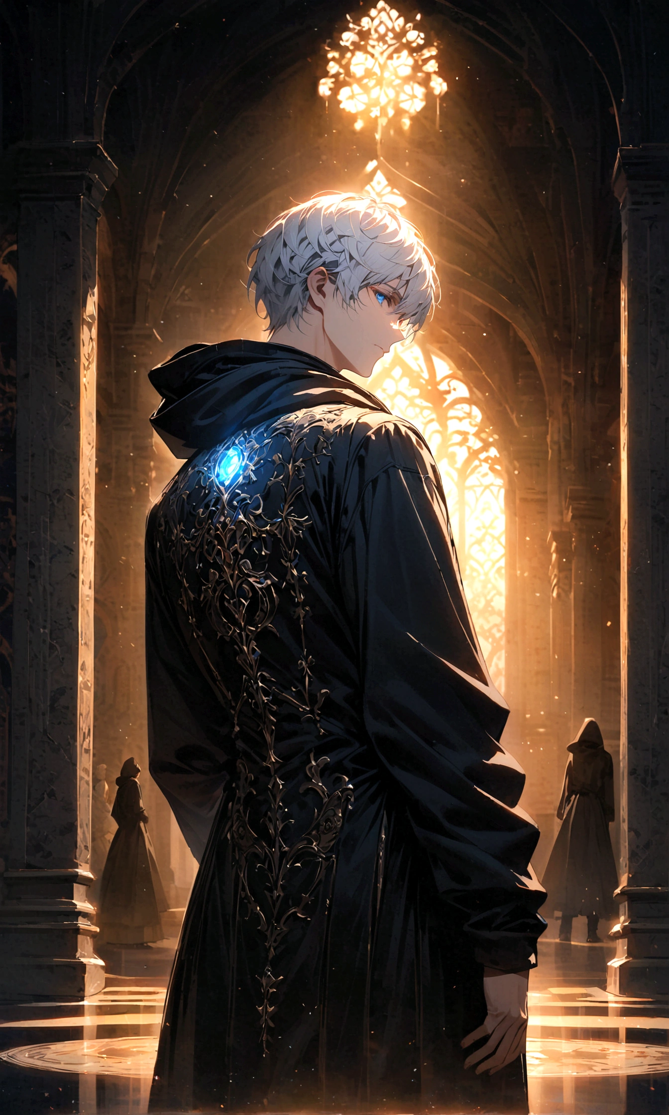 white haired blue eyed man Wearing a black hood, turning his back and half his face, standing alone in the middle of the palace at night.