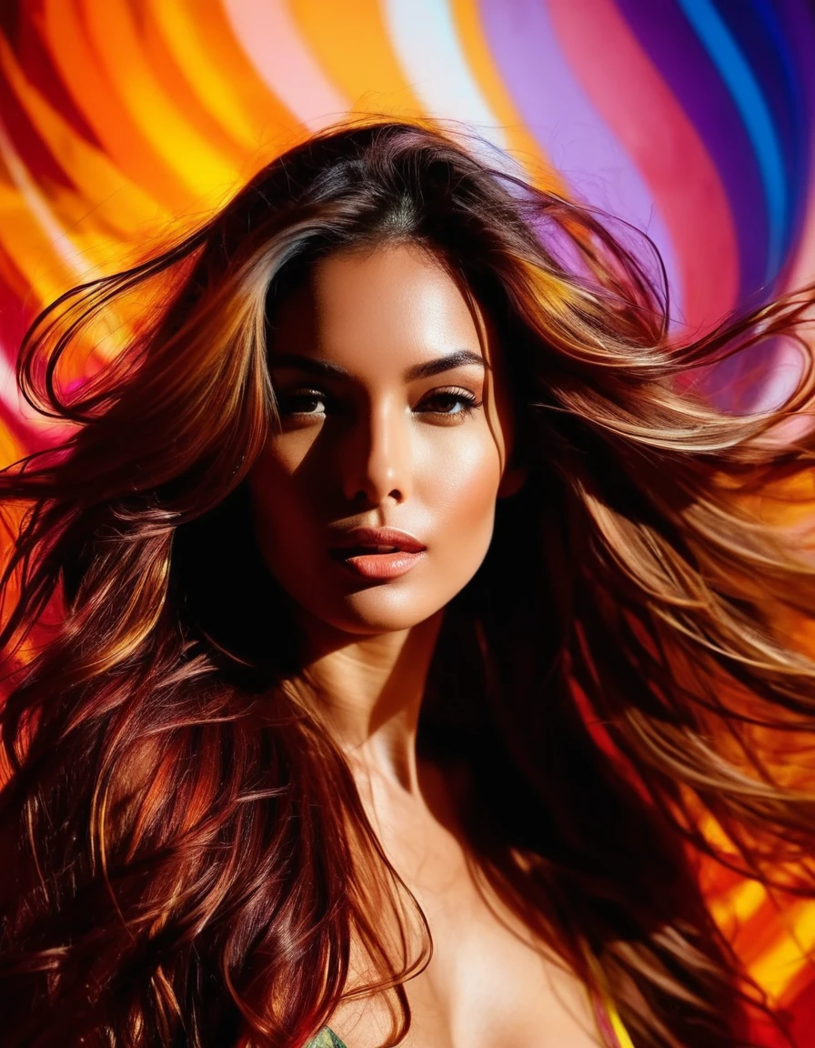 A sensual woman with loose hair and a seductive look, set against an abstract background of swirling colors and shadows.