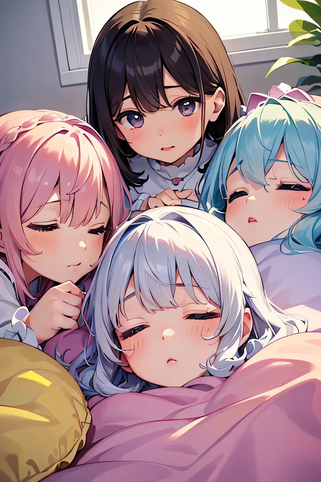 Highest quality、High resolution、Detailed Background、(Beautiful face in every detail:1.4)、Anatomically correct、(Detailed facial expressions)、(Detailed eyes:1.2)、age beauty、(Highly detailed face:1.4)、Cute hair colour、Cute hairstyle、Bright room by the window、White or light-colored beds and duvets、Fluffy cushions etc.、A clean space that creates a feminine atmosphere、Adding plants and stuffed toys will create a more adorable atmosphere.、Pajamas in pastel colors、
(Three sleeping girls:1.5)