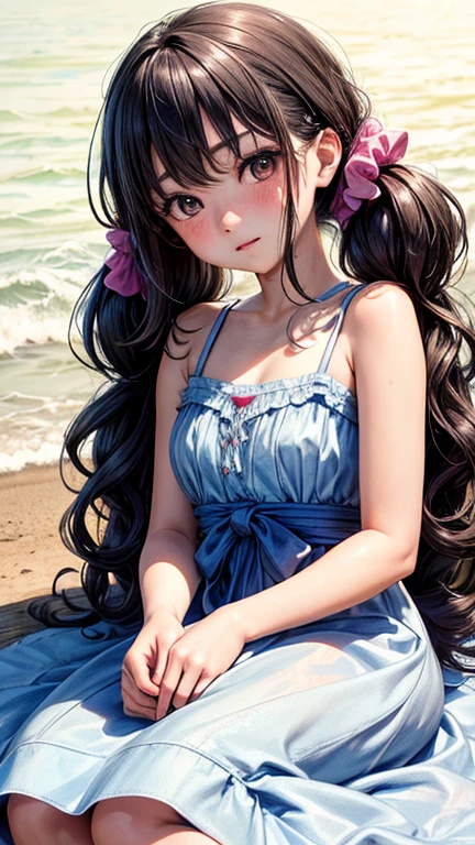 (Highest quality,masterpiece:1.3,Ultra-high resolution),(Very detailedな、Caustics) (Realistic:1.4, RAW shooting、)Ultra-Realistic Capture、Very detailed、Natural skin texture、masterpiece、(Summer Dresses:1.3)、1 Japanese girl、Adorable expression、Expressions of happiness、14 years old、Young Face、Surprisingly cute、Twin tails、Curly Hair、Black Hair、Scrunchie、light makeup、The Great Depression is about to burst、Middle school students&#39;Favorite pose、Photo taken in a private garden、Shining thighs、Summer sunshine、smile、An inviting gaze、