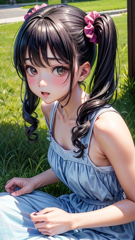 (Highest quality,masterpiece:1.3,Ultra-high resolution),(Very detailedな、Caustics) (Realistic:1.4, RAW shooting、)Ultra-Realistic Capture、Very detailed、Natural skin texture、masterpiece、(Summer Dresses:1.3)、1 Japanese girl、Adorable expression、Expressions of happiness、14 years old、Young Face、Surprisingly cute、Twin tails、Curly Hair、Black Hair、Scrunchie、light makeup、The Great Depression is about to burst、Middle school students&#39;Favorite pose、Photo taken in a private garden、Shining thighs、Summer sunshine、smile、An inviting gaze、