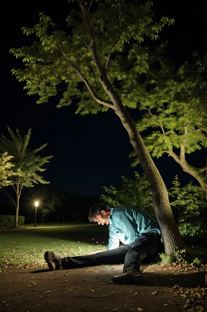 The man, behind a tree, sees something At night and then collapses and dies.