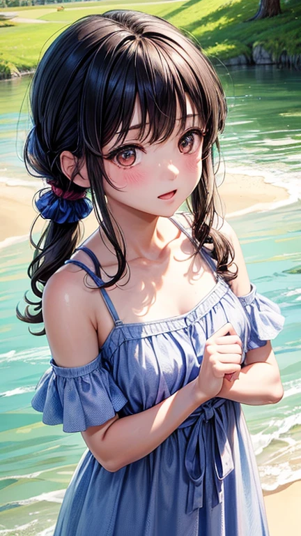 (Highest quality,masterpiece:1.3,Ultra-high resolution),(Very detailedな、Caustics) (Realistic:1.4, RAW shooting、)Ultra-Realistic Capture、Very detailed、Natural skin texture、masterpiece、(Summer Dresses:1.3)、1 Japanese girl、Adorable expression、Expressions of happiness、、Young Face、Surprisingly cute、Twin tails、Curly Hair、Black Hair、Scrunchie、light makeup、The Great Depression is about to burst、Middle schooe pose、Photo taken in a private garden、Shining thighs、Summer sunshine、smile、An inviting gaze、