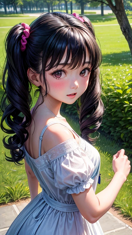 (Highest quality,masterpiece:1.3,Ultra-high resolution),(Very detailedな、Caustics) (Realistic:1.4, RAW shooting、)Ultra-Realistic Capture、Very detailed、Natural skin texture、masterpiece、(Summer Dresses:1.3)、1 Japanese girl、Adorable expression、Expressions of happiness、14 years old、Young Face、Surprisingly cute、Twin tails、Curly Hair、Black Hair、Scrunchie、light makeup、The Great Depression is about to burst、Middle school students&#39;Favorite pose、Photo taken in a private garden、Shining thighs、Summer sunshine、smile、An inviting gaze、