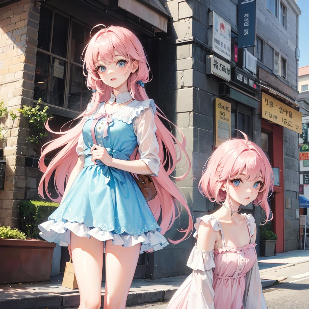 Cute light pink haired girl with bright blue eyes wearing a cute dress. Only one