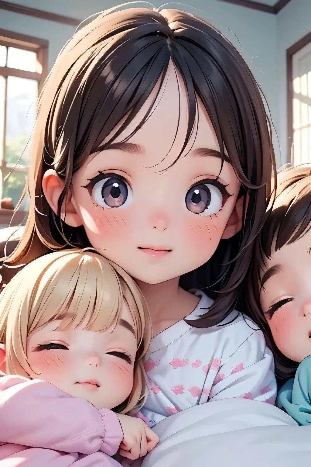 Highest quality、High resolution、Detailed Background、(Beautiful face in every detail:1.4)、Anatomically correct、(Detailed facial expressions)、(Detailed eyes:1.2)、age beauty、(Highly detailed face:1.4)、Cute hair colour、Cute hairstyle、Bright room by the window、White or light-colored beds and duvets、Fluffy cushions etc.、A clean space that creates a feminine atmosphere、Adding plants and stuffed toys will create a more adorable atmosphere.、Pajamas in pastel colors、
(Three sleeping girls:1.5)