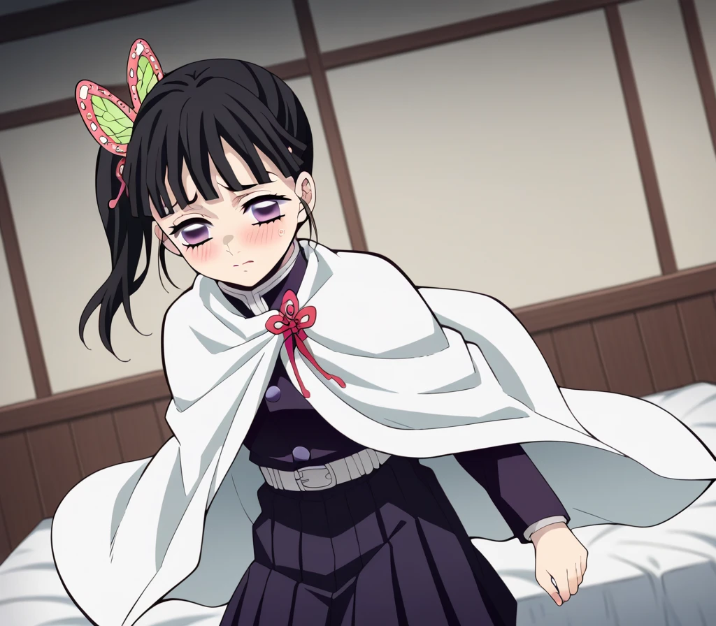 score_9, score_8_superior, score_7_superior, sauce_anime,
Kanaotsuyuri, Kanao Tsuyuri, Black Hair, butterfly, butterfly hair ornament, Purple eyes, side ponytail, ponytail,
black skirt, Cape, Demon Slayer uniform, Long sleeve, pleated skirt, skirt, white Cape,
indoor, bed, bed room, ~ side, blush, Drunk,Embarrassed alone, Dutch Angle, View your viewers, Cowboy Shot, Create a beautiful and sensual artwork of a girl with heightened sensitivity, capturing her enchanting allure and captivating expressions."