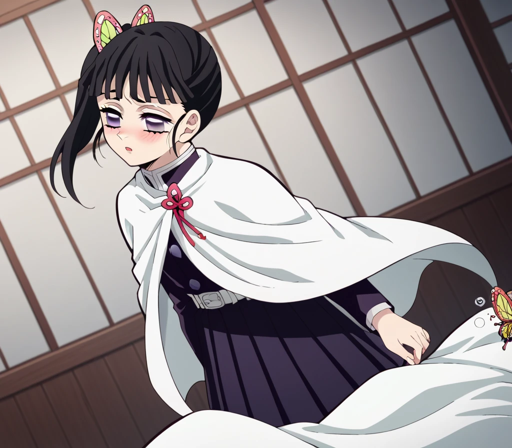 score_9, score_8_superior, score_7_superior, sauce_anime,
Kanaotsuyuri, Kanao Tsuyuri, Black Hair, butterfly, butterfly hair ornament, Purple eyes, side ponytail, ponytail,
black skirt, Cape, Demon Slayer uniform, Long sleeve, pleated skirt, skirt, white Cape,
indoor, bed, bed room, ~ side, blush, Drunk,Embarrassed alone, Dutch Angle, View your viewers, Cowboy Shot, Create a beautiful and sensual artwork of a girl with heightened sensitivity, capturing her enchanting allure and captivating expressions."