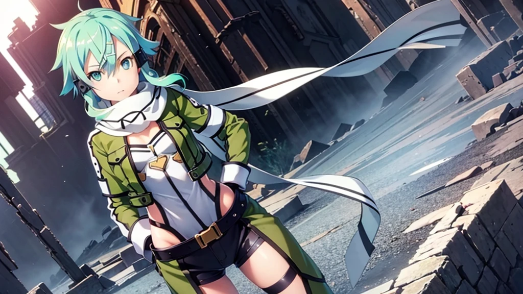 (masterpiece), Best quality, expressive eyes, perfect face, A high resolution, Sinon 1, scarf, fingerless gloves, long sleeves, short shorts, hair ornament, Hairclip, Green Knee Socks, green jacket, thigh strap, Hands on hips, field, ruins background, standing, cowboy shot, I look at the viewer