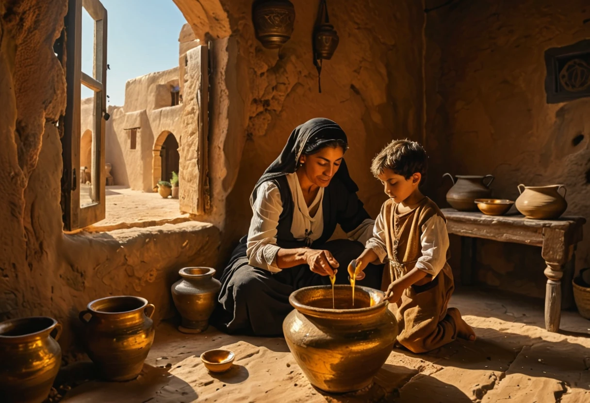 ((widow pouring oil into a vessel beside)), (small ??? boy by your side watching), (ancient Middle Eastern village), (widow pouring oil from a jar while Elisha looks on), (biblical narrative moment), (modest home with clay walls and simple furnishings), (soft, natural light filtering through a window), (inspired by Rembrandt), (realistic), (digital painting), (historical scene), (earthy tones with highlights of gold and brown), (high resolution, ultra-detailed), (masterpiece quality),