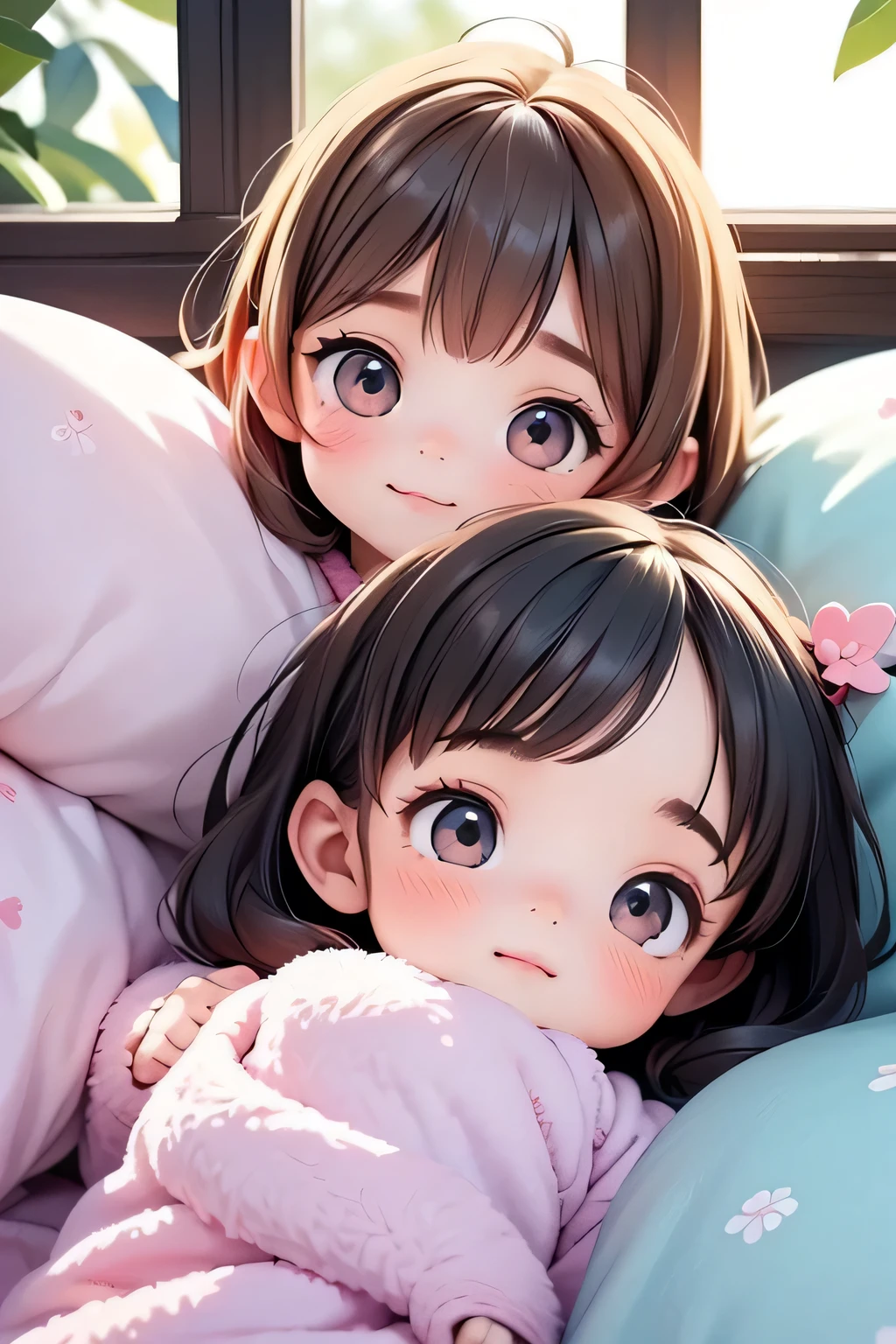 Highest quality、High resolution、Detailed Background、(Beautiful face in every detail:1.4)、Anatomically correct、(Detailed facial expressions)、(Detailed eyes:1.2)、Teenage beauty、(Highly detailed face:1.4)、Cute hair colour、Cute hairstyle、Bright room by the window、White or light-colored beds and duvets、Fluffy cushions etc.、A clean space that creates a feminine atmosphere、Adding plants and stuffed toys will create a more adorable atmosphere.、Pajamas in pastel colors、
(Three sleeping girls:1.5)