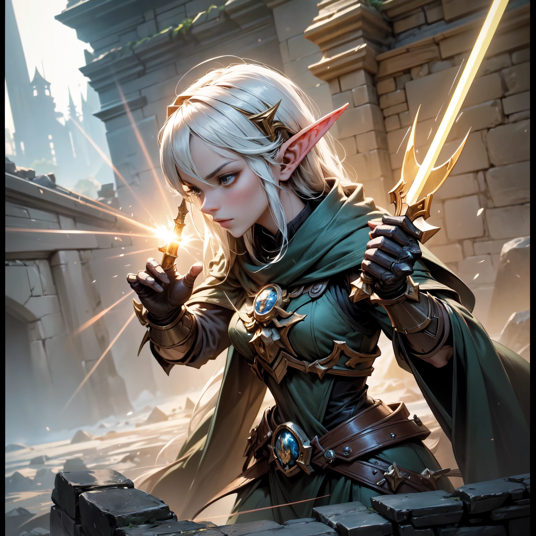 a close-up of a comic book action figure with detailed art and sharp drawing. A beautiful elven war leader, surrounded by magic, holding some kind of futuristic weapon, Concept art by Yusuke Murata, Trends on ArtStation, under Art, von Hearthstone, Elfenmensch, Hearthstone Card Art, Trading Card Art. The surroundings of the royal castle dungeon are threatening, with stone walls and a silence, which is depressing, surrounded by rays of light, magical jewelry and clothing of nature. 8k resolution in Ultra HD image.