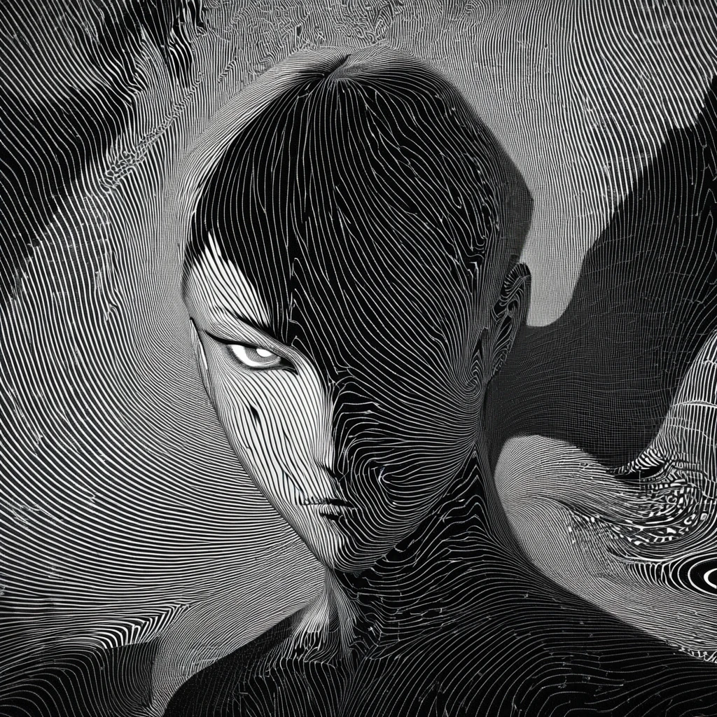 Create a high-contrast black and white portrait of a rebellious-looking young man, presenting striking facial features and an intense gaze. The background should have hypnotic spiraling patterns that add a surreal and dramatic effect. The overall style should resemble noir comic book art, with bold lines and deep shadows.