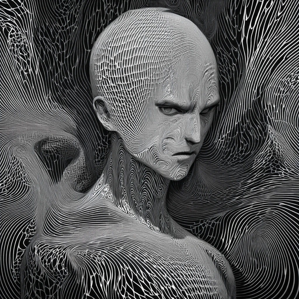 Create a high-contrast black and white portrait of a rebellious-looking young man, presenting striking facial features and an intense gaze. The background should have hypnotic spiraling patterns that add a surreal and dramatic effect. The overall style should resemble noir comic book art, with bold lines and deep shadows.