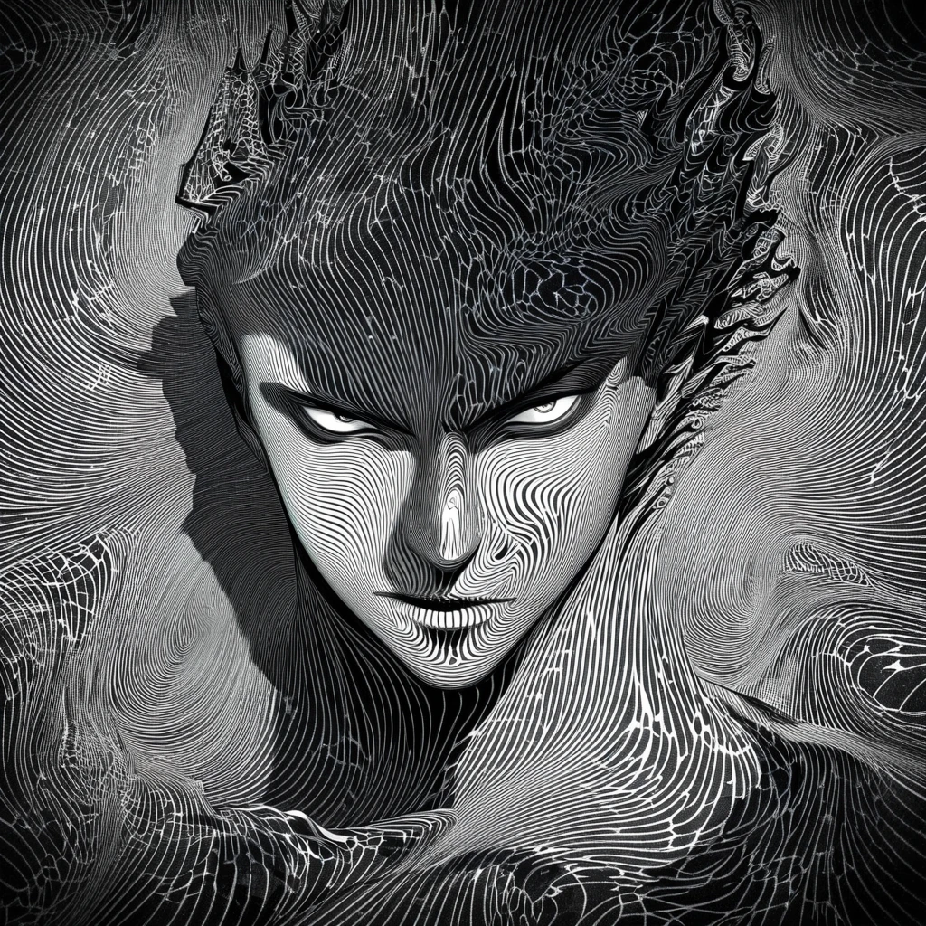 Create a high-contrast black and white portrait of a rebellious-looking young man, presenting striking facial features and an intense gaze. The background should have hypnotic spiraling patterns that add a surreal and dramatic effect. The overall style should resemble noir comic book art, with bold lines and deep shadows.