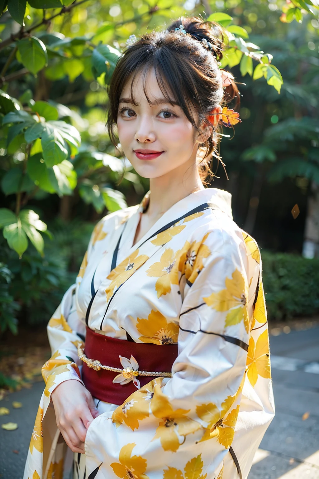 (Realistic:1.3), Rembrandt Lighting, (masterpiece:1.2), (photoRealistic:1.2), (Highest quality), (Detailed skin:1.3), (Intricate details), Ray Tracing,One girl, Japanese Girls, 21 years old, Detailed skin texture, (blush:0.5), Scattered beneath the surface, smile, Updo, bangs, Hair between the eyes, hair ornaments, kimono, Floral print, Wearing edgJF_kimono, seiza (Bright sunny day, Autumn scenery, Autumn Tree々and leaves, (It was transparent:1.2)