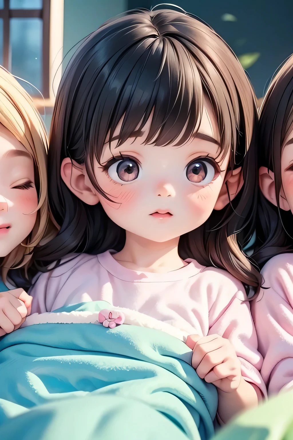 Highest quality、High resolution、Detailed Background、(Beautiful face in every detail:1.4)、Anatomically correct、(Detailed facial expressions)、(Detailed eyes:1.2)、Teenage beauty、(Highly detailed face:1.4)、Cute hair colour、Cute hairstyle、Bright room by the window、White or light-colored beds and duvets、Fluffy cushions etc.、A clean space that creates a feminine atmosphere、Adding plants and stuffed toys will create a more adorable atmosphere.、Pajamas in pastel colors、
(Three sleeping girls:1.5)