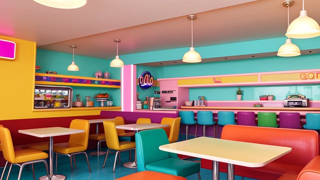 retro cafe interior 70s bright light colors pastel retro auto