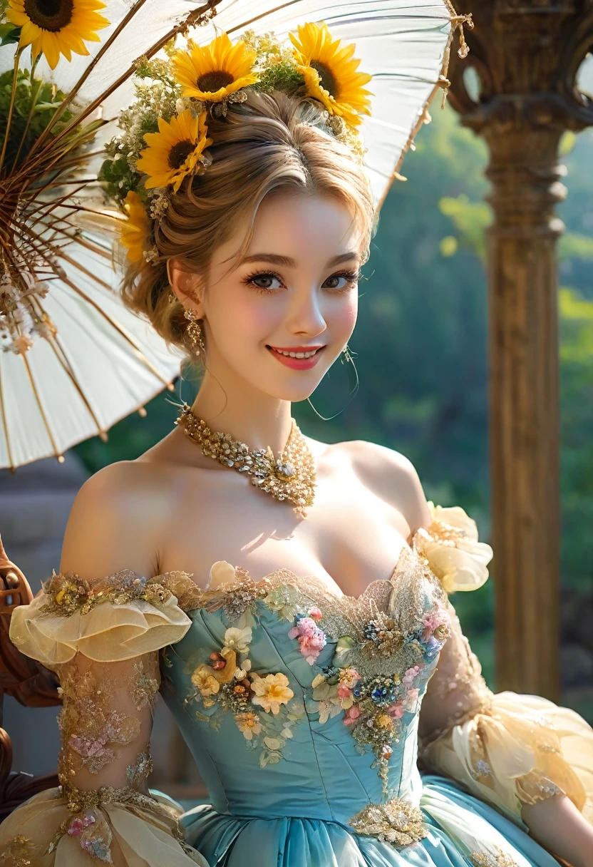 (((masterpiece face))), (((perfect face))), (beautiful face))), porcelain skin, pale skin, blonde hair, very long ponytail, French braid through ponytail, big tits, massive tits, huge , smile, debutante dress, debutante gown, bimbo, necklace, ((pastel yellow dress)), choker, flowers, flower on dress, focus on chest, flowers in hair, massive dress, huge dress, big smile, strapless, skin tight bra, head tilted up, latex bra, crystal necklace, sunflowers, surrounded by flowers, opera gloves, evening gloves, long gloves, elbow gloves, outside, perfect blue sky, castle in background, flower wreath on head, freckles, earrings, flowers in hair, filigree, cinched Décolletage neckline, massive neckline, filigree on bust, filigree on dress bust, bust on dress very detailed, (((holding parasol))), Anna Popplewell