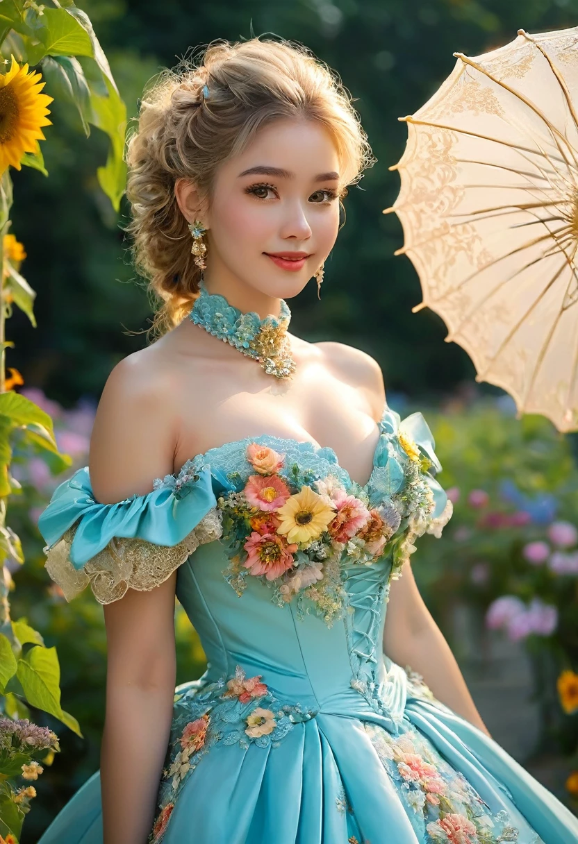 (((masterpiece face))), (((perfect face))), (beautiful face))), porcelain skin, pale skin, blonde hair, very long ponytail, French braid through ponytail, big tits, massive tits, huge , smile, debutante dress, debutante gown, bimbo, necklace, ((pastel yellow dress)), choker, flowers, flower on dress, focus on chest, flowers in hair, massive dress, huge dress, big smile, strapless, skin tight bra, head tilted up, latex bra, crystal necklace, sunflowers, surrounded by flowers, opera gloves, evening gloves, long gloves, elbow gloves, outside, perfect blue sky, castle in background, flower wreath on head, freckles, earrings, flowers in hair, filigree, cinched Décolletage neckline, massive neckline, filigree on bust, filigree on dress bust, bust on dress very detailed, (((holding parasol))),