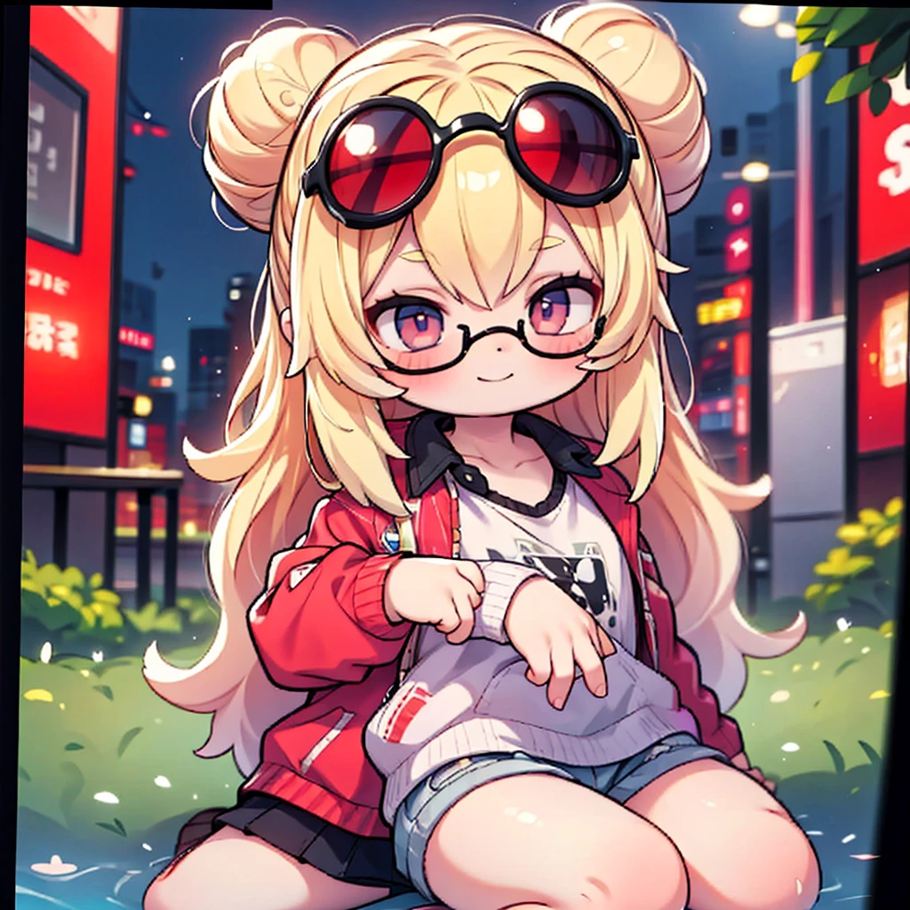 girl holding three pills in her hand, psychedelic image, various colors, wearing sunglasses and a slight smile, blonde hair with bun, red and black plaid shirt