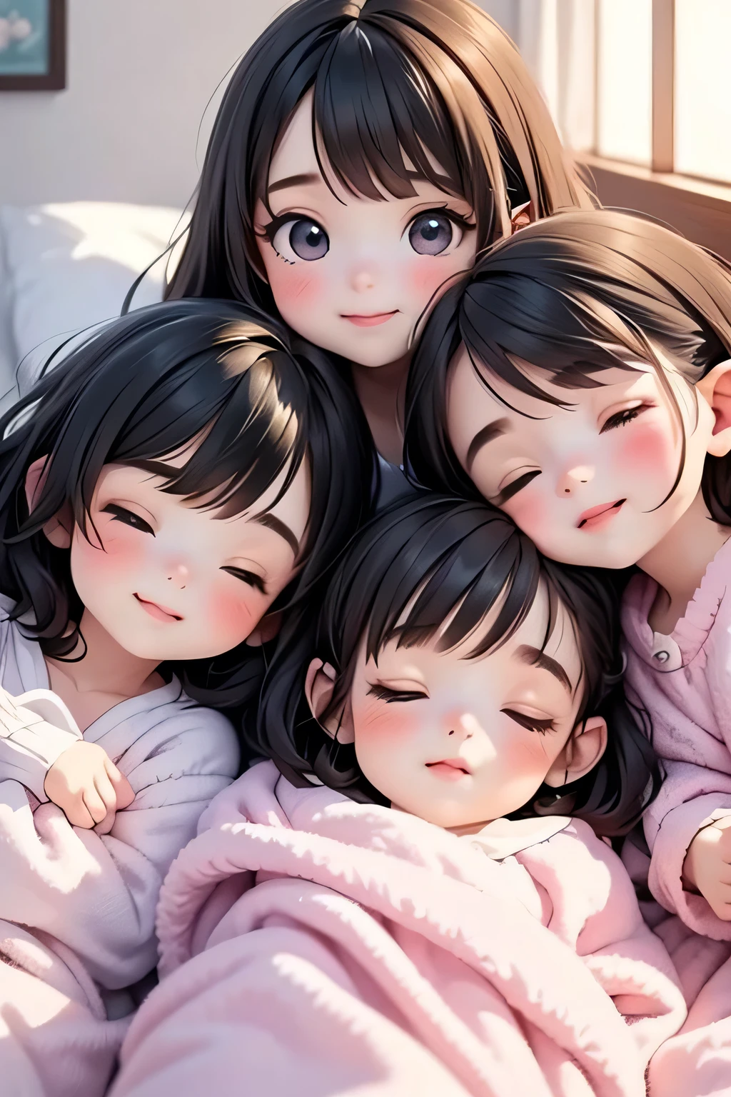 Highest quality、High resolution、Detailed Background、(Beautiful face in every detail:1.4)、Anatomically correct、(Detailed facial expressions)、(Detailed eyes:1.2)、Teenage beauty、(Highly detailed face:1.4)、Cute hair colour、Cute hairstyle、Bright room by the window、White or light-colored beds and duvets、Fluffy cushions etc.、A clean space that creates a feminine atmosphere、Adding plants and stuffed toys will create a more adorable atmosphere.、Pajamas in pastel colors、
(Three sleeping girls:1.5)