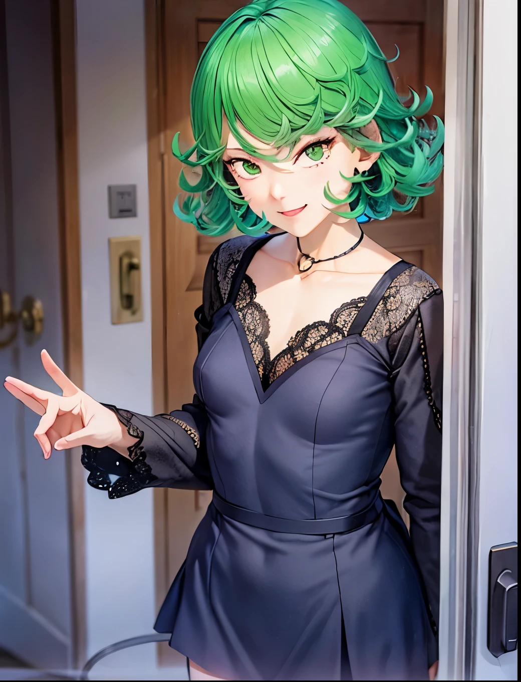 pov doorway, 1girl, solo, standing, smile, closed mouth, cowboy shot, opening door,green hair tatsumaki, green eyes, (window:1.1), (small breasts:1.1), bed, shadow,short black dress