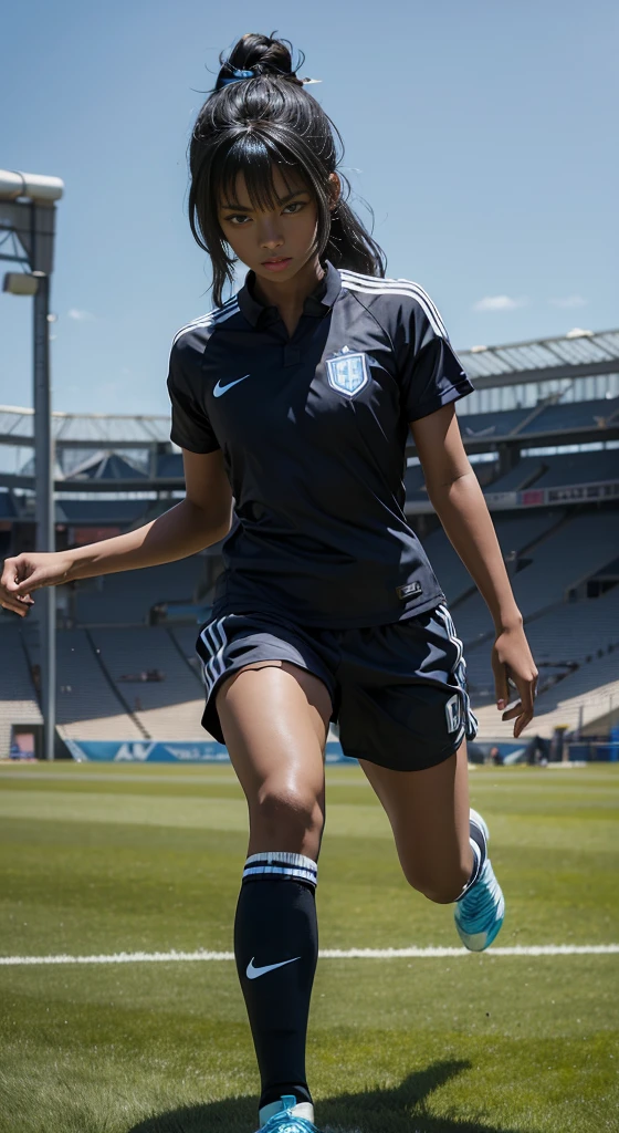 Black anime girl, black hair tied up, wearing blue soccer kit, wearing soccer boots, on the stadium, kicking ball, nike soccer kit, blue, long tied hair