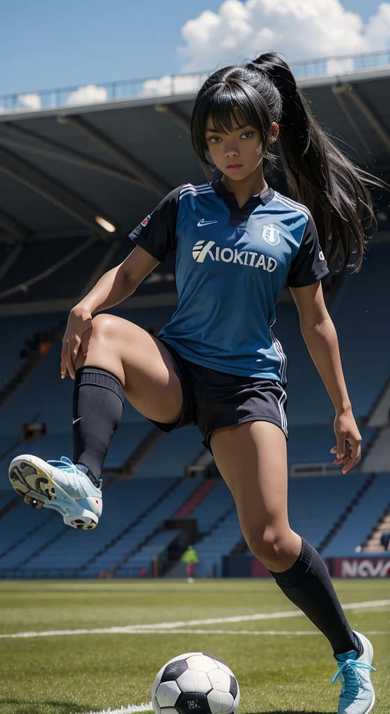 Black anime girl, black hair tied up, wearing blue soccer kit, wearing soccer boots, on the stadium, kicking ball, nike soccer kit, blue, long tied hair