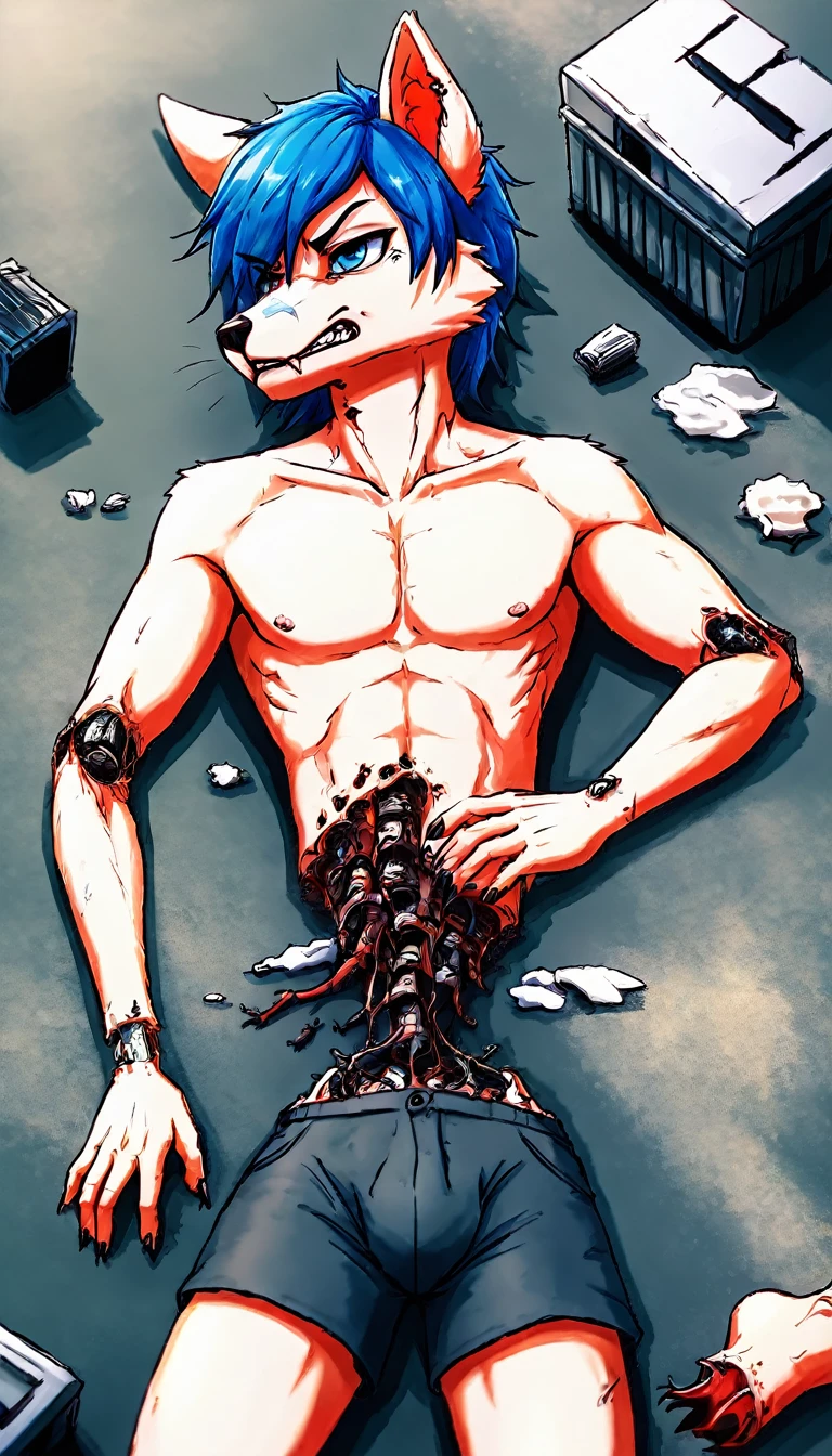 score_9, score_8_up, score_7_up, score_6_up BREAK furry, anthro, source furry, uploaded on e621 BREAK barcode tattoos on the body, (robot, android, mechabare:1.6, severed limbs, severed arms, severed legs, , amputee, dismembered, dismemberment, broken, damaged, heavily damaged, destroyed), solo, male, adult, muscular, thin waist, white arctic fox, white fur, short messy dark blue hair, detailed eyes, hard , cargo shorts, component, mechanical parts, mechanical component, lying, lying on a pile of trash, pile of trash, in the trash dumping ground, trash dumping ground background, angry expression, looking away, BREAK good quality, best quality, high quality, high definition, hd, 4k, 8k, masterpiece, intricate, extremely intricate, intricate details
