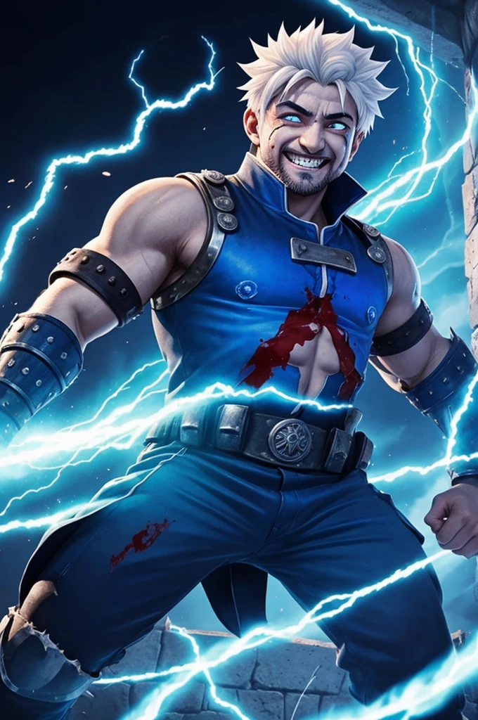 Baku no hero,1 chico,with white hair only at the tips while blue flames come out of one eye and with his arms outstretched smiling in a scary way while he is badly injured stained with blood