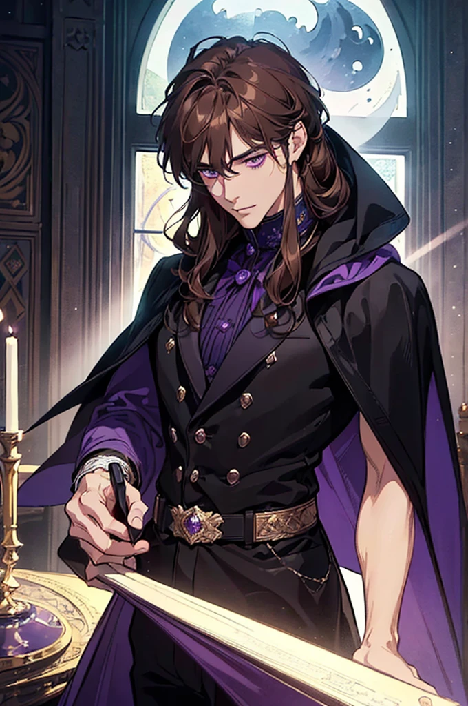 masterpiece, best quality, realistic, 1man, single character, 1 person, portrait, 40 years old handsome and charming mature male, serious look, extremely detailed face, detailed eyes, extremely intricate eyes, detailed background, cinematic lighting, looking at the audience, posture dynamics, (masterpiece, top quality, best quality, beautiful illustration, official art, wide angle, beautiful and aesthetic :1.5), Masterpiece Background Midnight, Darkness, Dark Room, Dark tone, castle, castle windows, Moonlight, (Moonlight Only: 1.5), Invincible Smile, smirk, Bewitching, emperor, ((purple eyes)), ((light brown hair)), [thick eyebrows], ((suit)), blue cape, black suit, black pants, violet eyes, short light brown hair