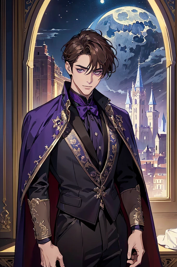 masterpiece, best quality, realistic, 1man, single character, 1 person, portrait, 40 years old handsome and charming mature male, serious look, extremely detailed face, detailed eyes, extremely intricate eyes, detailed background, cinematic lighting, looking at the audience, posture dynamics, (masterpiece, top quality, best quality, beautiful illustration, official art, wide angle, beautiful and aesthetic :1.5), Masterpiece Background Midnight, Darkness, Dark Room, Dark tone, castle, castle windows, Moonlight, (Moonlight Only: 1.5), Invincible Smile, smirk, Bewitching, emperor, ((purple eyes)), ((light brown hair)), [thick eyebrows], ((suit)), blue cape, black suit, black pants, violet eyes, short light brown hair